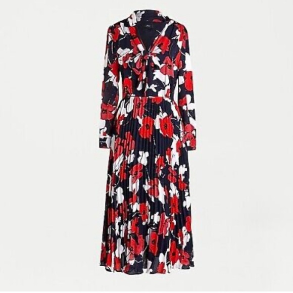 J. Crew Tie Neck Navy Poppy Floral Print Pleated A-Line Midi Dress - Picture 2 of 7